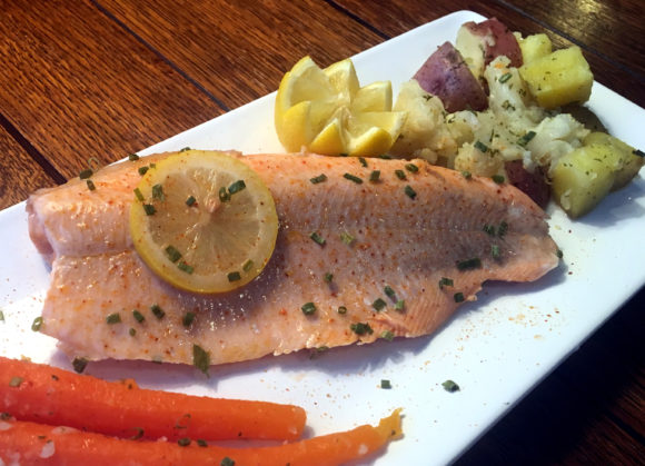 01 - Poached Ruby Rainbow Trout with fresh carrots potatoes and cauliflower